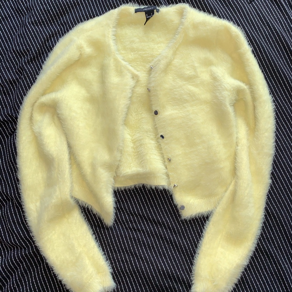 fuzzy yellow cardigan